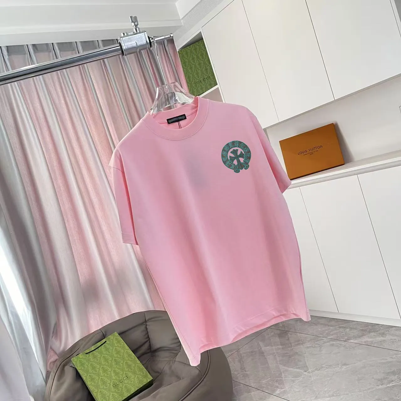 🅿️170 ch Crow*2025 summer new style Sanskrit cross horseshoe print short-sleeved T-shirt customized fabric 300g same style for men and women Size: S M L XL XXL five sizes Color: black white pink rose red iron gray